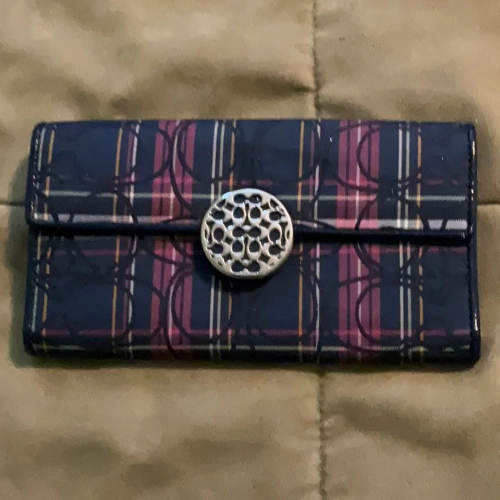 Coach Black and Pink Wallet with Plaid Design
